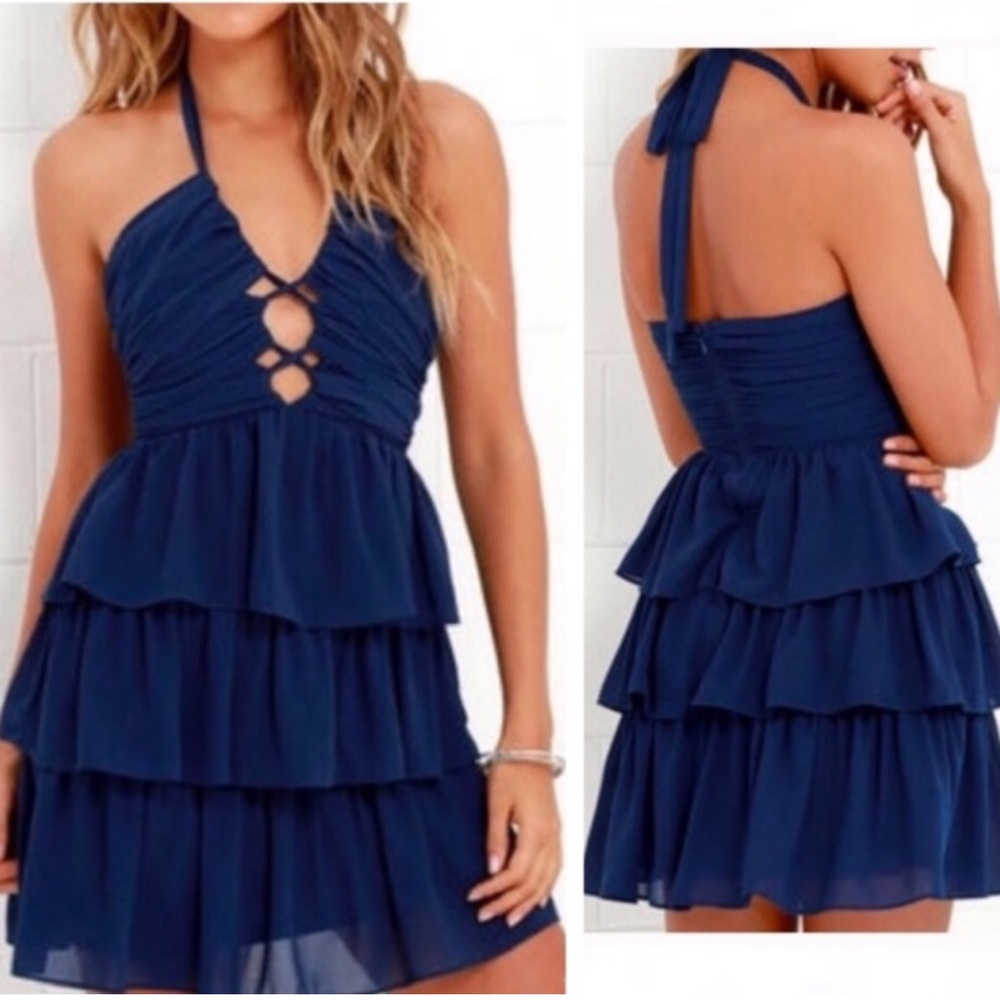 Lulu’s cross cross navy ruffle layered halter mini dress